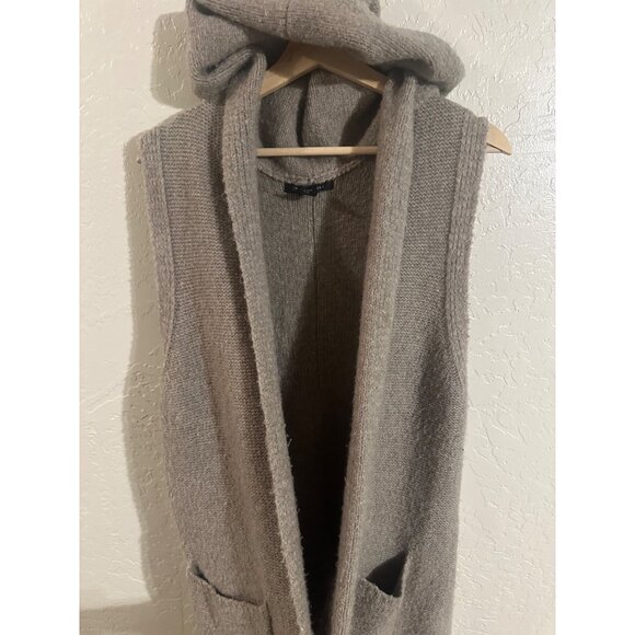 Tahari Wool Blend Tan Sleeveless Hooded Casual Sweater Vest Long Cardigan - Picture 4 of 10